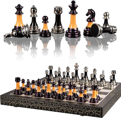 Chess Set 16 Wooden Foldable Black White Chess Board 3.5 Luxury Weighted Acrylic Chess Pieces with Storage Slots for Adults Children Gift Large