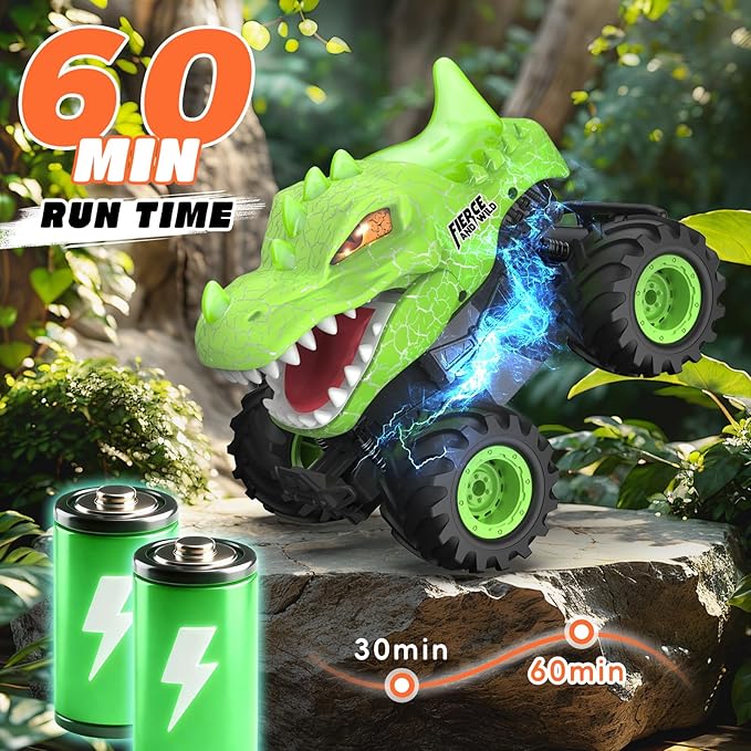 Dinosaur Remote Control Car 2.4GHz Monster Truck Toys Rechargeable RC Cars 1:24 Scale RC Truck with LED Light Movable Mouth Dinosaur Cars Toys for Kids Boys 6-8 8-12 Birthday Gift Green