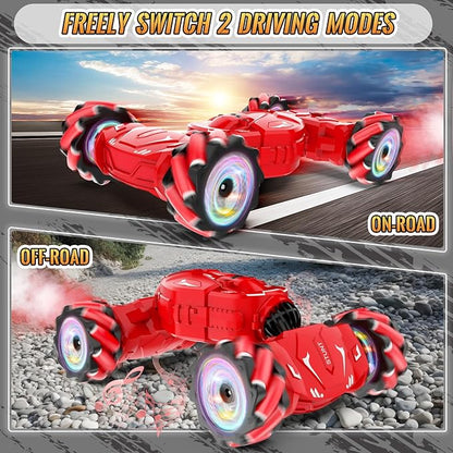 Pristar RC Stunt Cars Gesture Sensing Remote Car Toys for 6-12 Boys Girls 2.4Ghz Hand Remote Control Car with Spray Lights Music 360° Rotation 4WD Off-Road Birthday Xmas Gifts for Kids Age 6-12