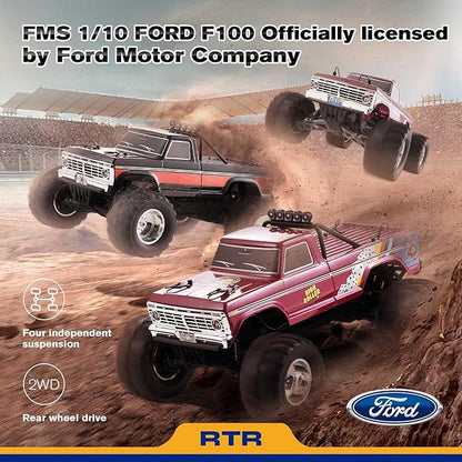 EAZYRC FMS 1/10 RC Truck Ford F-100 – 2WD Monster Truck with Licensed Body 550 Brushed Motor Oil Shocks Independent Suspension – All-Terrain RC Crawler High Speed Off-Road RC Car for Gift(Black)