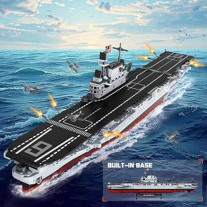 USS Enterprise Aircraft Battleship Building Toys Set (1883Pcs) WW2 Navy Ship Model with Molded Airplanes and Display Stand 30 Long Military Building Block Toy for Teens and Adults