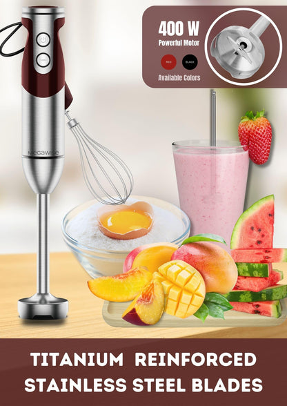MegaWise Pro Titanium Reinforced 3-in-1 Immersion Corded Hand Blender, Powerful MOTOR with 80% Sharper Blades, 12-Speed Corded Blender, IncludingWhisk and Milk Frother (3-in 1 Red)