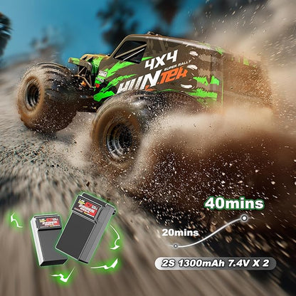 RC Cars 1:14 Scale 4WD Off-Road Monster Truck Rc 40+ KM/H 4X4 Waterproof ESC Remote Control Car with Dual 7.4V 1300mAh Batteries Extra Paddle Tires &amp Full Roll-Cage Frame for Adults &amp Boys
