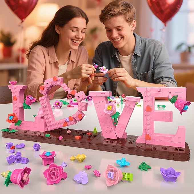 Love and Flowers Building Set for Adults 791 PCS Letter Brick Art Pink Flower Blocks for Home Décor Gift for Kids Birthday Valentine’s Day Mother's Day Confessing Love for Her or Him