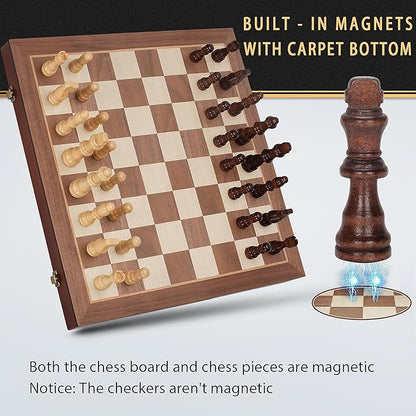 2 in 1 Magnetic Chess Set &amp Checkers Board Game 15 Wooden Folding Chess Board with 2 Extra Queens Portable Travel Chess Set with Pieces Storage Slots Beginner Chess Board Game for Adults &amp