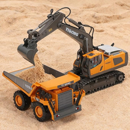 HuiJuKeJi Remote Control Dump Truck - 360° Rotating Metal Bed 9-Channel RC Construction Toy for Indoor Outdoor Play Rechargeable with Lights &amp Sounds for Kids Ages 6+