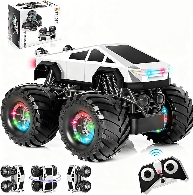 Remote Control Car RC Trucks with Lights and Music360°Rotating 4WD Stunt RC Cars Toys for Kids 2.4 GHz Rechargeable All Terrain RC Toys Presents for Girls Age 3-10