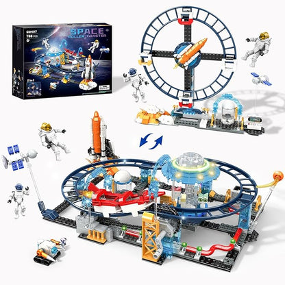 2 in 1 Space Coaster Set - UFO Satellites Space Capsules Buildable Roller Coaster Gift for Boys Girls Kids Ages 6+