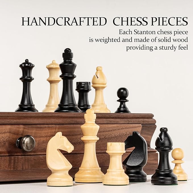 A&ampA 15 inch Walnut Wooden Chess Set with Storage Drawer Triple Weighted Pieces 3.0 inch King Height Walnut &amp Maple Inlay 2 Extra Queen Classic 2 in 1 Chess and Checkers Board Game