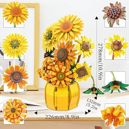 Flowers Building Sets for Adults Van Gogh Prints Art Botanical Collection Sunflowers Pot Bouquet Plants Kits Compatible with Lego Flowers Easter Flores Home Decor for Woman Girls 14+