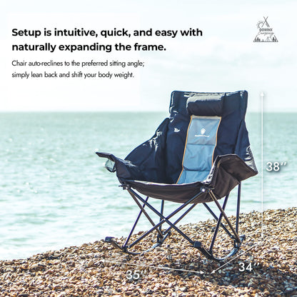 Dowinx Oversized Rocking Camping Chair, Fully Padded Patio Chair with Side Pocket and Carry Bag, High Back Portable Lawn Recliner with Headrest, Support 300 lbs, Grey