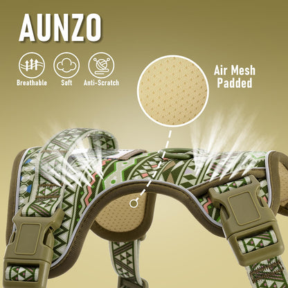 No Pull Dog Harness for Large Dogs with 2 Metal Clips, Easy On/Off with Neck Buckle, Heavy Duty Adjustable Puppy Vest, Breathable Pet Harness with Easy Control Handle, Green Ethnic L
