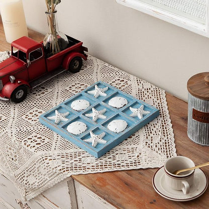 NIKKY HOME Beach Decor Tic Tac Toe Wood Board Travel Game for Family Starfish Sand Dollar Coastal House Coffee Tables Decor 8.98 by 8.98-in Rustic Blue