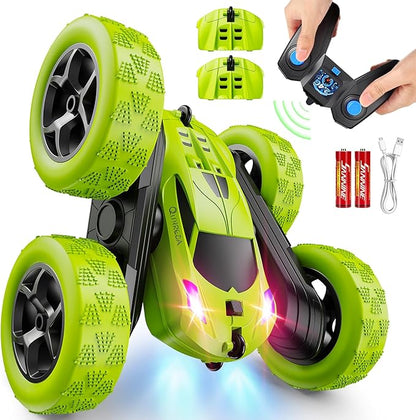 Remote Control Car for Kids Ages 6+ RC Cars Stunt Car Toy 4WD Double Sided 360° Rotating Remote Control with Headlights Birthday Xmas Gifts for Boys 6 7 8 9 10 11 12 Green