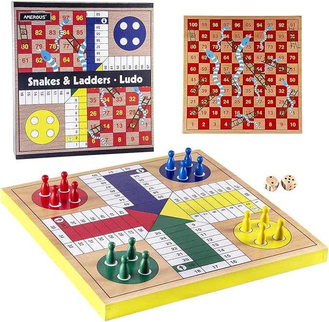 AMEROUS 12 inches Wooden Ludo Board Game - Snakes and Ladders 2 in 1 Reversible 1-4 Players Family Dice Games Set for Kids Adults Classics Tabletop Version (Gift Box Packed)