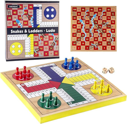 AMEROUS 12 inches Wooden Ludo Board Game - Snakes and Ladders 2 in 1 Reversible 1-4 Players Family Dice Games Set for Kids Adults Classics Tabletop Version (Gift Box Packed)