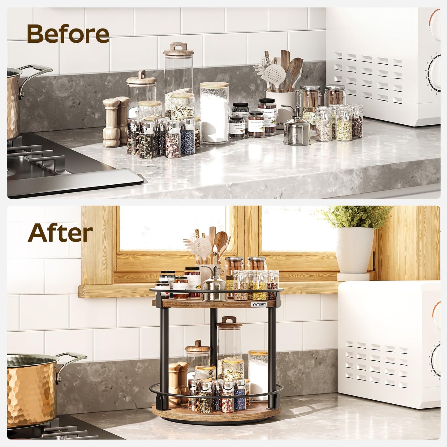 3-Tier Lazy Susan Organizer, Rotating Spice Rack, Spinning Organizer, Industrial Turntable Spice Rack Organizer for Cabinet, Kitchen Countertop, Pantry, Rustic Brown and Black SR23BR