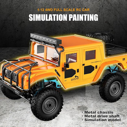 1:12 RC Car Toy 4WD 2.4GHz Remote Control Off-Road Crawler Vehicle IPX4 Waterproof 13MPH Full Metal Chassis with LED Lights Rechargeable Batteries for Adults Kids 8+ (Yellow)