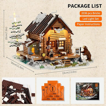 FUNWHOLE Hunting-Cabin Lighting Building-Bricks Set - Retro Wooden Cabin LED Light Construction Building Model Set 2036 Pcs for Adults and Teen