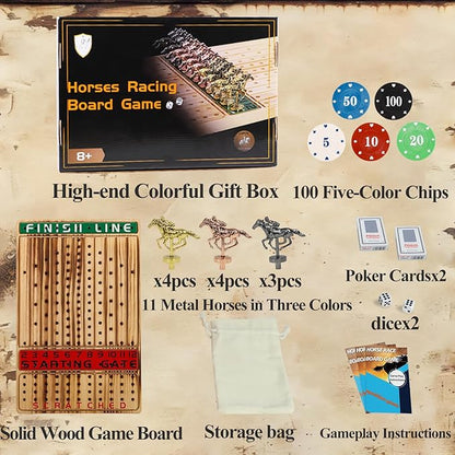 HOROW Horse Racing Board Game Solid Wood Horse Race Card and Dice Board Game Luxury Edition Set with 11 Metal Horses100 Poker Chips2 Dices and 2 Boxes of Cards