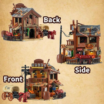 Western Bank Modular Building Set for Adults Wild West Cowboys Cabin with HorsesWagon &amp LED Lights Collection House Set for West Lovers (1299PCS)