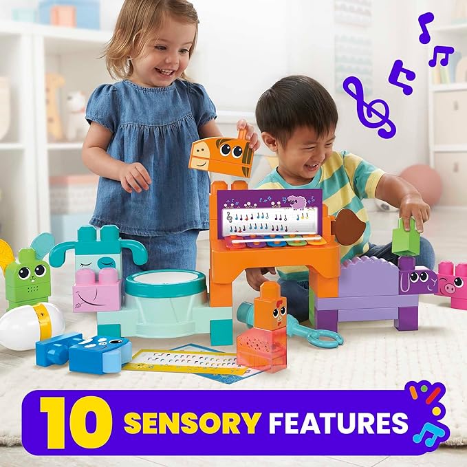 Mega Bloks Fisher-Price Toddler Building Blocks Toy Set Musical Farm Band with 40 Pieces and 6 Music Sheets Ages 1+ Years