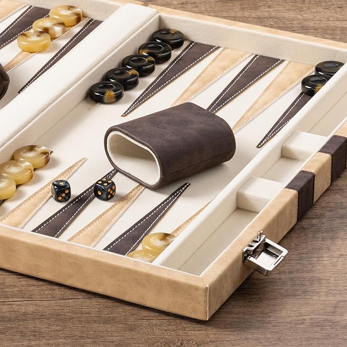15inch Backgammon Sets for Adults Classic Board Game with Folding Leather Backgammon Case Faux Leather Exterior and Velvet Interior Portable Travel Game Set (Brown)