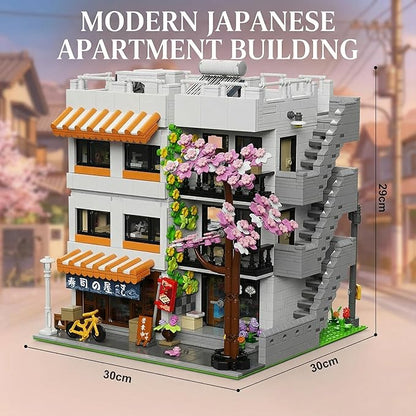 Japanese Apartment Building Street View Building Blocks Set - 3-Story Japan Cherry Blossom Architecture House with 5 Figures &amp LED Lights Christmas Bithday Gift for Aduls（3910PCS）