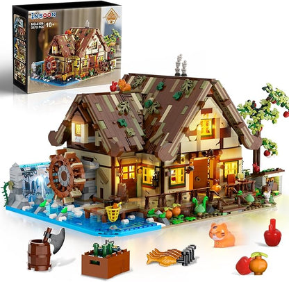 Wood Cabin Building Set with Light 2570 PCS Wooden Forest House Mini Building Block Toy with Waterwheel Pond Animals Big House Construction Model for Adults Teens Kids Boys Girls 10-12+