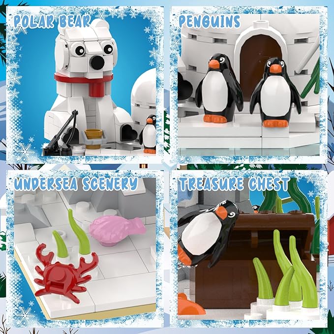 Christmas Polar Bear and Penguin Building Set Sea Animals Building Kit Winter Village Includes Igloo Fish Crab Sea Animals Brithday Gift for Boys Girls Aged 8+ (286Pcs)