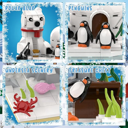 Christmas Polar Bear and Penguin Building Set Sea Animals Building Kit Winter Village Includes Igloo Fish Crab Sea Animals Brithday Gift for Boys Girls Aged 8+ (286Pcs)