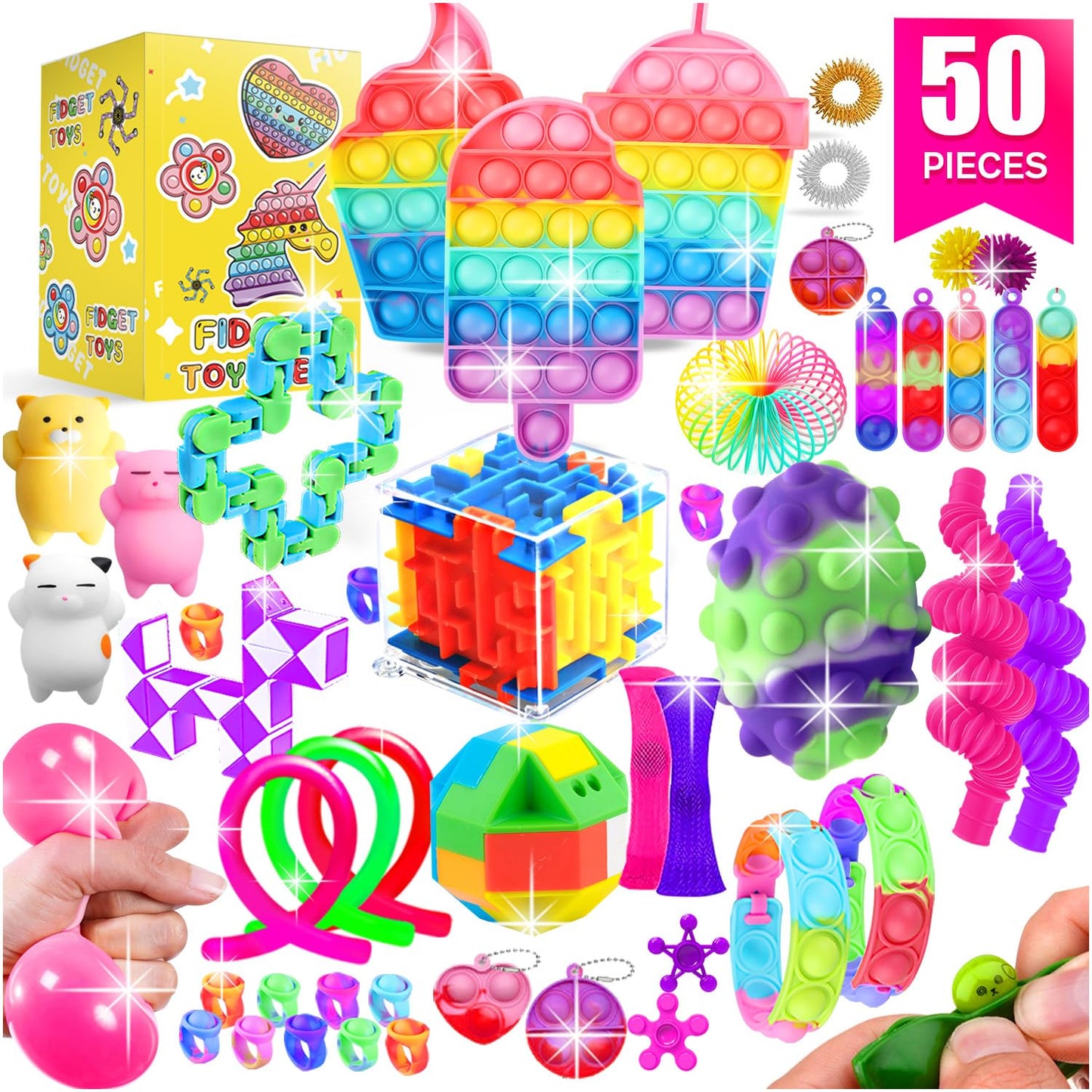SUNNERLY Fidget Toys, 50 Pack Sensory Toy Set Bulk Stocking Stuffers Carnival Treasure Box Classroom Prizes Gifts Party Favors for Kids Adults Boys Girls, Stress Relief Anxiety Relief Autism Autistic