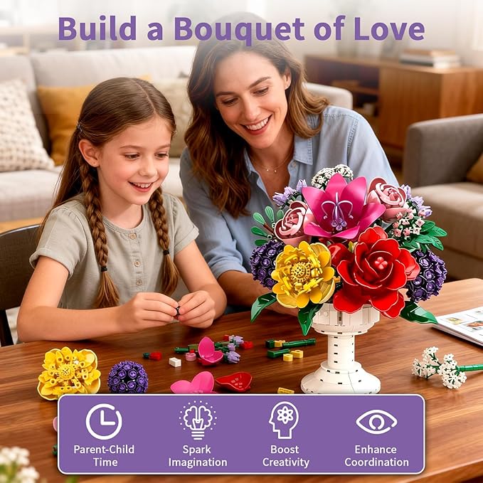 1070Pcs Flower Bouquet Building Set Artificial Fake Flowers Bridal Wedding Building Blocks Botanical Collection DIY Craft for Adults &amp Kids Girlfriend Wife Valentine’s Day Birthday Home Table D