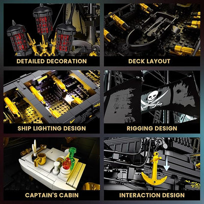Reobrix Pirate Ship Building Set with LED Lights Collectible Large Black Pearl Model Kit Black Ship Building Toys for Adults 66036 Ship Sailboat for Home Decor Gift for Pirate Ship Fans 14+