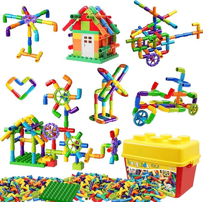 burgkidz STEM Learning Pipe Tube Construction Building Blocks Sensory Toys with Wheels Baseplate for All Ages Kids Boys Girls 188 Pcs