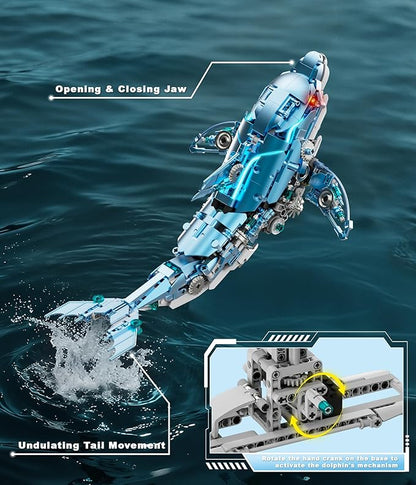 Moving Mechanical Dolphin Building Set - Hand Crank Model Kit with Swimming Tail Movable Jaw &amp Glowing Lights | STEM Educational Toy &amp Unique Desk Decor for Ages 8+ Adults Blue