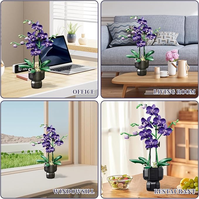 Orchid Flowers Building Sets with Vase Purple Orchid Botanicals Collection Building Toys for Home Office Decor Desk Decor Christmas Birthday Gifts for Women Adults Girls Age 8-12+ (666 PCS)