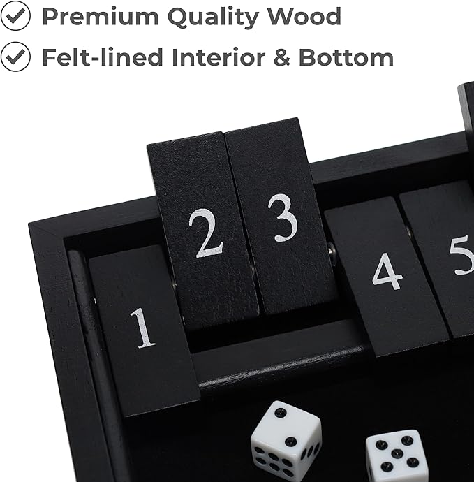 WE Games Wooden Shut The Box - Close The Box Set Pub Game with 12 Number Tiles &amp 2 Dice Games - 13.5” Black Stained Finish for Adults