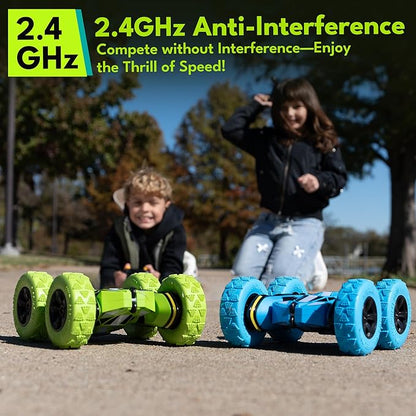 Threeking New Remote Control Car RC Flip Stunt Double Sided Driving Cars Toys for Boys Girls Ages 6-12 USB-C Modular Batteries 4WD 360° Flips with Breathing Soft Lights Presents Gifts Blue