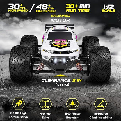 4x4 RC Cars for Adults 48kmh High-Speed - 1:12 Scale Large Waterproof Remote Control Truck Offroad Electric Monster Car 2 Batteries 30+ Min Play All Terrain