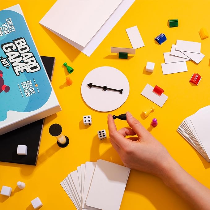Create Your Own Board Game Set – DIY Kit with Blank Game Board Game Pieces Blank Cards Dice Spinner Rulebook Sand Timer – Build Your Own Game Kit - Deluxe Edition
