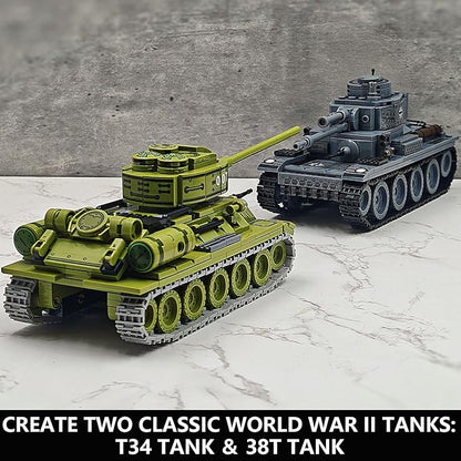 WW2 Tank Building Blocks 38T and T-34 Army Tank Military Battle Model KitsToy Gifts for Boys or Men Collectors(1000+ pcs)