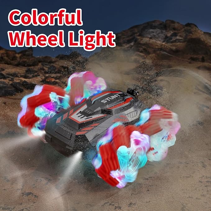 RC Stunt Car Double-Sided 360° Flips 4WD 2.4 GHz Gesture Sensing RC Cars with Cool Lights and Music for Boys Aged 6-12 Great Birthday Presents Toy Cars (Red)