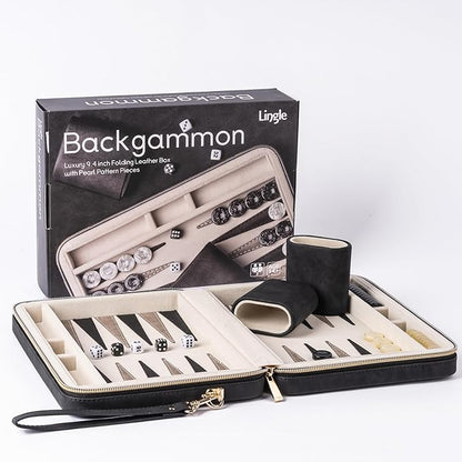 Backgammon Sets for Adults Classic Board Game with Folding Faux Leather Backgammon Case Portable Travel Backgammon Game Set (Black)