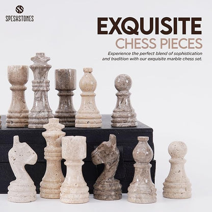 Marble Chess Set for Adults 12 Inch Handmade Travertine and Oceanic Board Game with Storage Box Travel Chess Set for Tabletop with Pieces &amp 2 Extra Queens Gifts for Home Décor