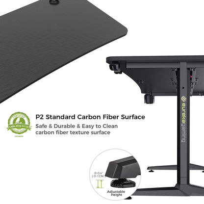 EUREKA ERGONOMIC 60 Inch Gaming Desk with Full Mouse Pad, Large Home Office Curved Computer Desk for 3 Monitors with Cup Holder, Headphone Hook and Handle Rack with USB Charging Ports for Gamer, Black