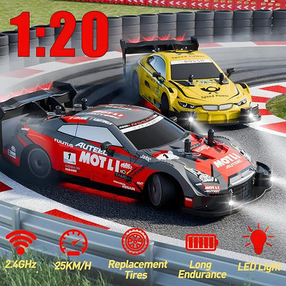 1:20 RC Drift Car for Kids4WD 2.4GHz 30KM/H High Speed Remote Control Car Racing Sport Toy Car with LED LightsDrifting Tires＆2 Batteries (Red 01)