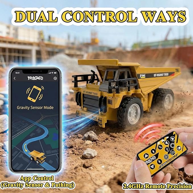 1:64 Mini RC Dump Truck Toy Alloy Metal Construction Vehicle with App &amp Remote Dual Control Variable Speed LED Lights &amp Sound RC Engineering Car Gift for Kids &amp Adults