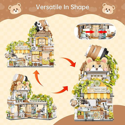 Creative Brick Box Street View-Coffee Shop Mini Building Toy Animals Interactive for Kids Simulation Architecture Toy for Girls and Boys Ages 6+ - Gift Easter Birthday Christmas (1077 PCS)