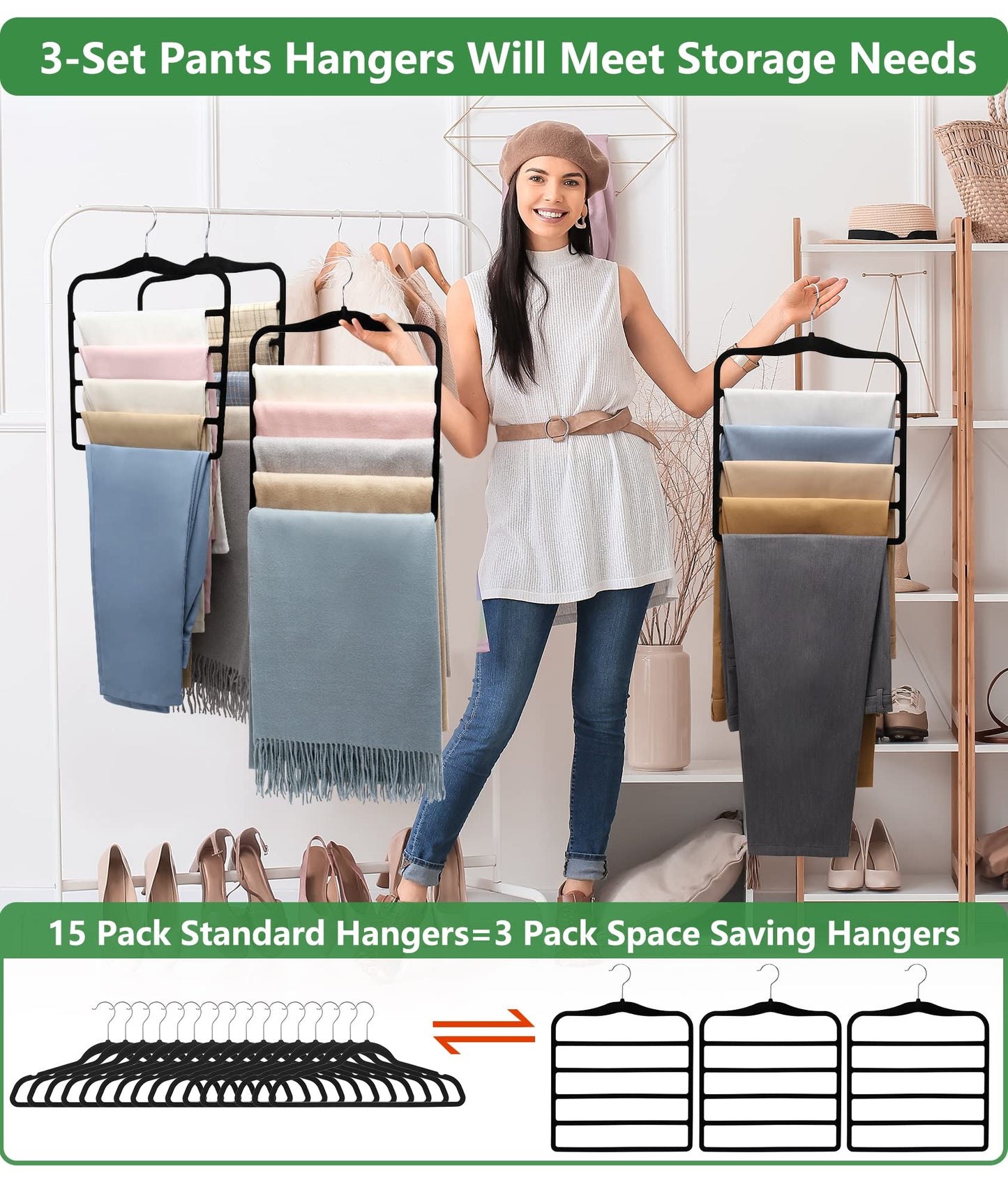 Closet Organizers and Storage,3 Pack Organization and Storage Pants-Hangers-Space-Saving,Velvet Hanger for Dorm Room for College Students Girls Boys Guys Hanging Jean Scarf